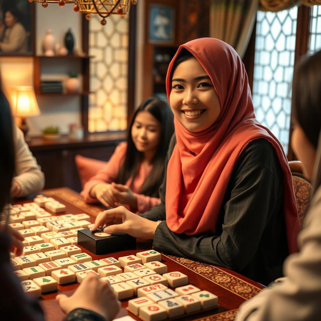 A captivating scene featuring a hijab-wearing girl with a cheerful expression, playing Mahjong with friends