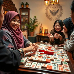 A captivating scene featuring a hijab-wearing girl with a cheerful expression, playing Mahjong with friends