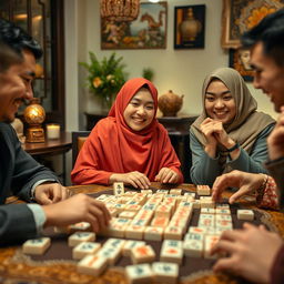 A captivating scene featuring a hijab-wearing girl with a cheerful expression, playing Mahjong with friends