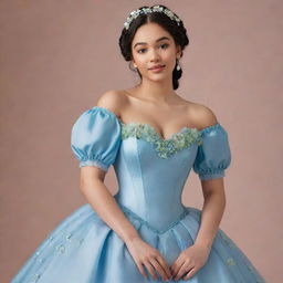 A full, flowy, blue corset dress, adorned with flowers and featuring sleeves, on a pale-skinned girl. The dress is a modern blend of Tiana's blue dress from Disney's Princess and the Frog and a Bridgerton-inspired style, tailored for prom night.