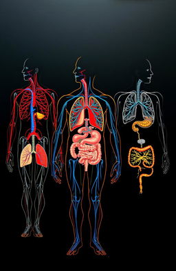 A detailed illustration of human body systems including the circulatory system, respiratory system, digestive system, and nervous system, artistically represented with intricate diagrams