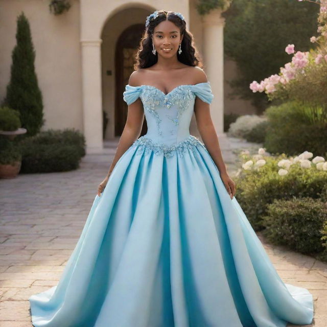 A full, flowy, blue corset dress, adorned with flowers and featuring sleeves, on a pale-skinned girl. The dress is a modern blend of Tiana's blue dress from Disney's Princess and the Frog and a Bridgerton-inspired style, tailored for prom night.