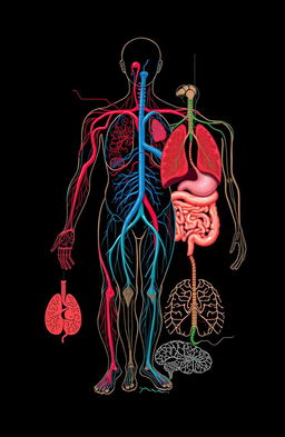 A detailed illustration of human body systems including the circulatory system, respiratory system, digestive system, and nervous system, artistically represented with intricate diagrams