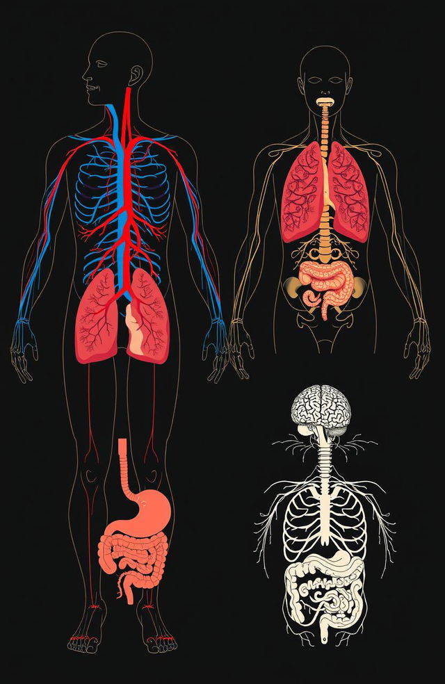 A detailed illustration of human body systems including the circulatory system, respiratory system, digestive system, and nervous system, artistically represented with intricate diagrams