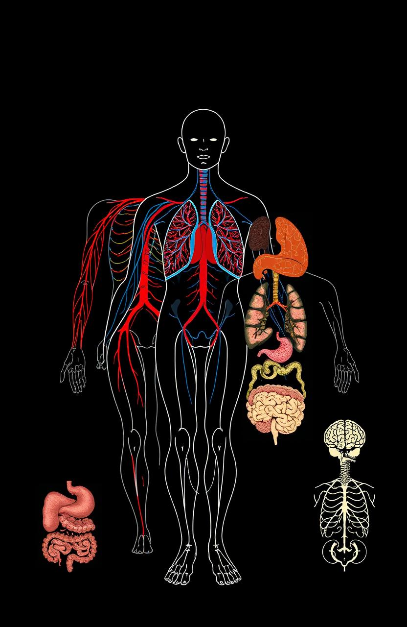 A detailed illustration of human body systems including the circulatory system, respiratory system, digestive system, and nervous system, artistically represented with intricate diagrams