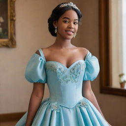 A full, flowy, blue corset dress, adorned with flowers and featuring sleeves, on a pale-skinned girl. The dress is a modern blend of Tiana's blue dress from Disney's Princess and the Frog and a Bridgerton-inspired style, tailored for prom night.