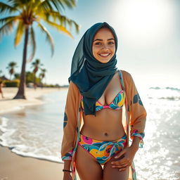 A stylish and confident hijab-wearing girl in a fashionable bikini, standing by a serene beach
