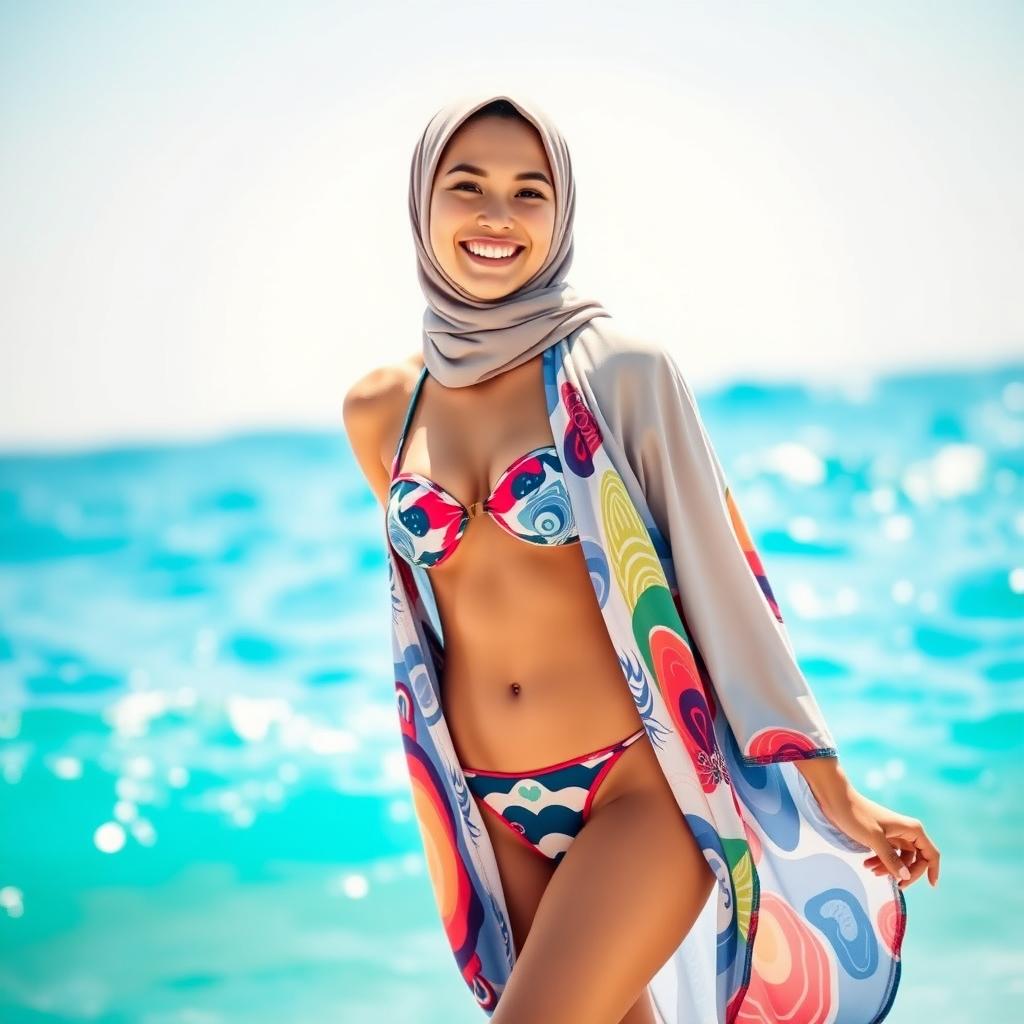 A fashionable and confident hijab-wearing girl in a stylish yet modest bikini, enjoying a sunny day at the beach