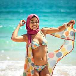 A fashionable and confident hijab-wearing girl in a stylish yet modest bikini, enjoying a sunny day at the beach