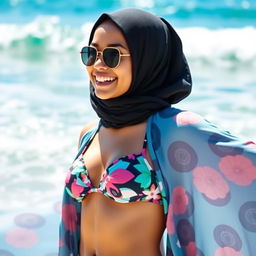 A fashionable and confident hijab-wearing girl in a stylish yet modest bikini, enjoying a sunny day at the beach