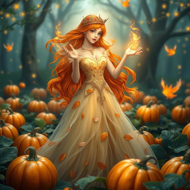 A fantasy princess with vibrant orange hair, wearing a flowing ethereal gown adorned with leaf patterns