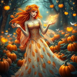 A fantasy princess with vibrant orange hair, wearing a flowing ethereal gown adorned with leaf patterns