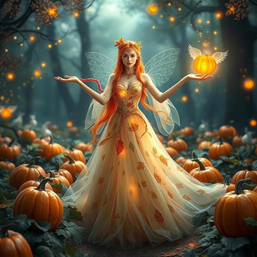 A fantasy princess with vibrant orange hair, wearing a flowing ethereal gown adorned with leaf patterns