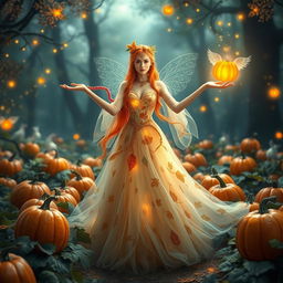 A fantasy princess with vibrant orange hair, wearing a flowing ethereal gown adorned with leaf patterns