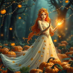 A fantasy princess with vibrant orange hair, wearing a flowing ethereal gown adorned with leaf patterns
