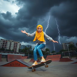 A dynamic scene featuring a hijab-wearing girl confidently skating on a skateboard in an urban environment, as dark thunderclouds gather overhead