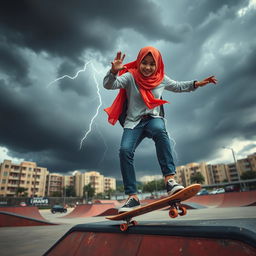 A dynamic scene featuring a hijab-wearing girl confidently skating on a skateboard in an urban environment, as dark thunderclouds gather overhead