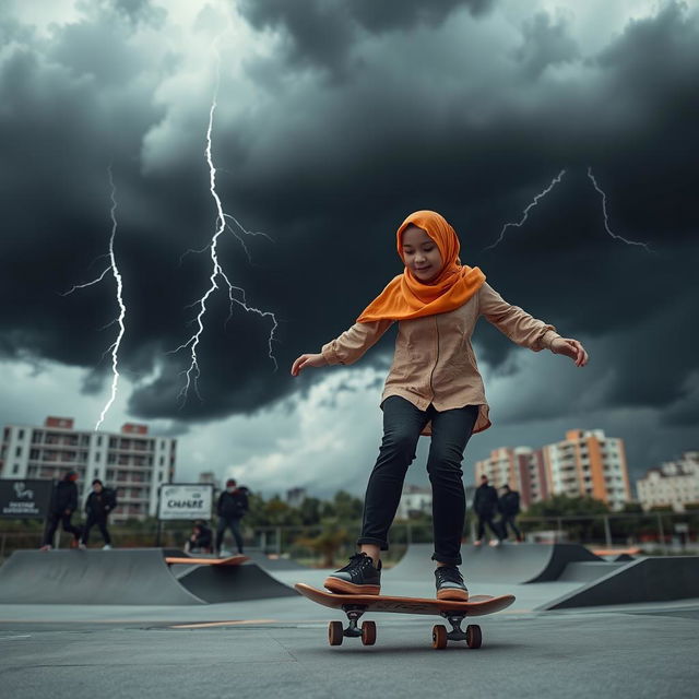 A dynamic scene featuring a hijab-wearing girl confidently skating on a skateboard in an urban environment, as dark thunderclouds gather overhead