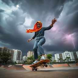 A dynamic scene featuring a hijab-wearing girl confidently skating on a skateboard in an urban environment, as dark thunderclouds gather overhead