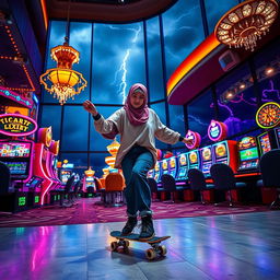 An energetic scene of a hijab-wearing girl showcasing her skating skills inside a vibrant casino