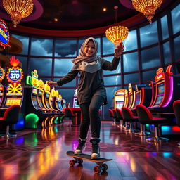 An energetic scene of a hijab-wearing girl showcasing her skating skills inside a vibrant casino