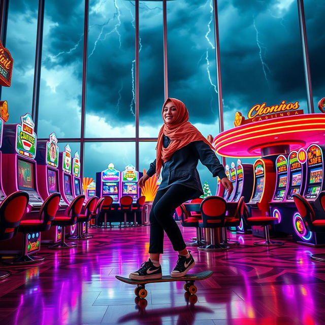 An energetic scene of a hijab-wearing girl showcasing her skating skills inside a vibrant casino