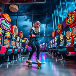 An energetic scene of a hijab-wearing girl showcasing her skating skills inside a vibrant casino