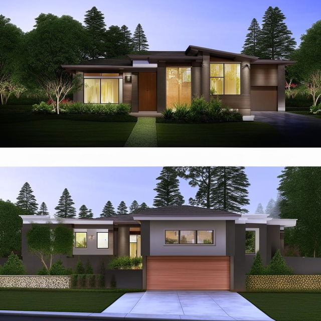 Contemporary two-story house with a first floor featuring a car garage, a small front garden, a waiting area, a living room, a combined kitchen and dining room, and a laundry room. The second floor includes 3 bedrooms and a family room.