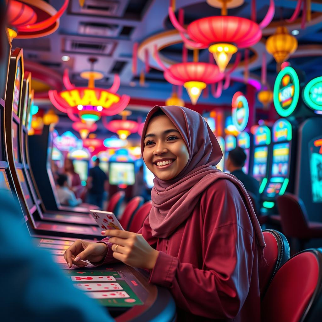 A hijab-wearing girl enjoying a fun and lively atmosphere in a casino, participating in halal-friendly activities like playing cards or engaging in games of luck