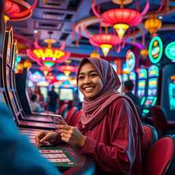 A hijab-wearing girl enjoying a fun and lively atmosphere in a casino, participating in halal-friendly activities like playing cards or engaging in games of luck