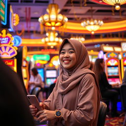 A hijab-wearing girl enjoying a fun and lively atmosphere in a casino, participating in halal-friendly activities like playing cards or engaging in games of luck