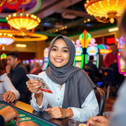 A hijab-wearing girl enjoying a fun and lively atmosphere in a casino, participating in halal-friendly activities like playing cards or engaging in games of luck