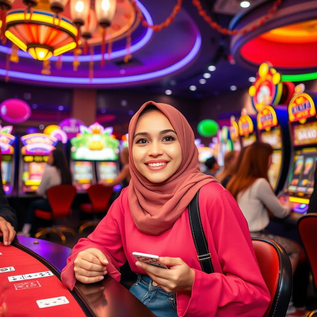 A hijab-wearing girl enjoying a fun and lively atmosphere in a casino, participating in halal-friendly activities like playing cards or engaging in games of luck