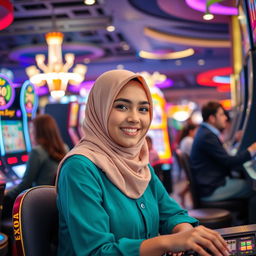 A young woman wearing a stylish hijab, seated at a vibrant and lively casino, engaged in playing a variety of games