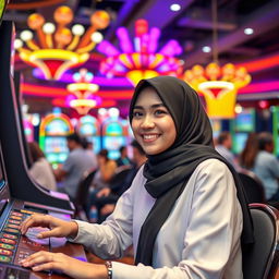 A young woman wearing a stylish hijab, seated at a vibrant and lively casino, engaged in playing a variety of games