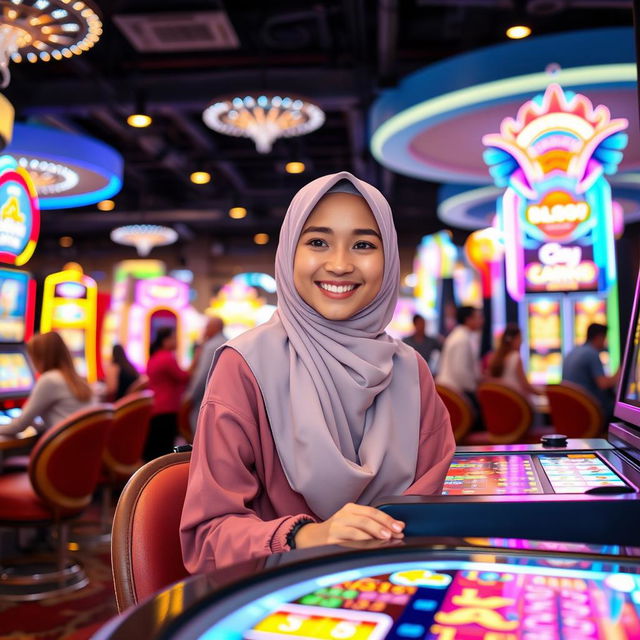 A young woman wearing a stylish hijab, seated at a vibrant and lively casino, engaged in playing a variety of games