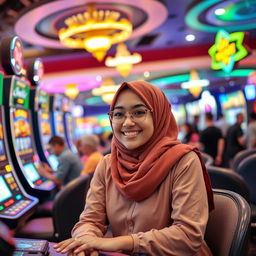 A young woman wearing a stylish hijab, seated at a vibrant and lively casino, engaged in playing a variety of games