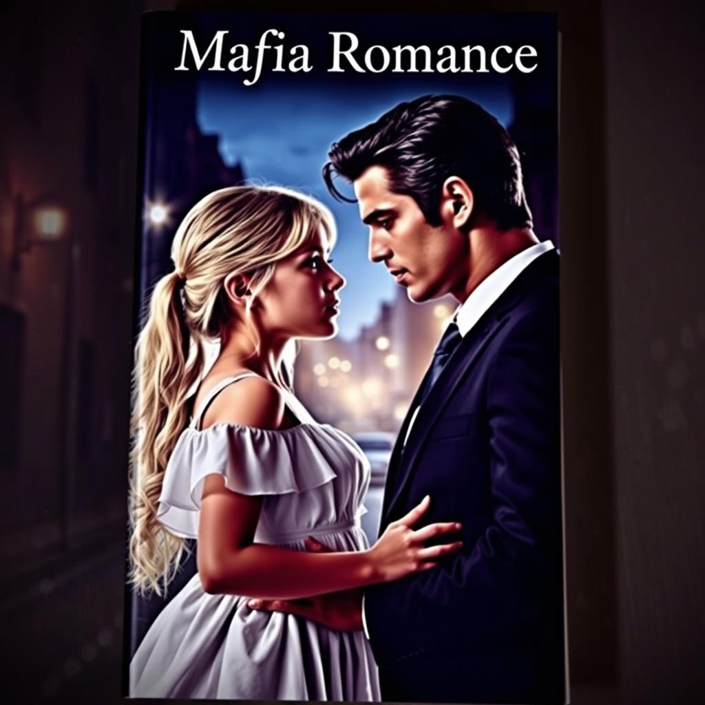 A captivating book cover depicting an innocent looking blonde girl and a dark haired man sharing an intense gaze, set against a backdrop of a mysterious urban landscape