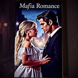 A captivating book cover depicting an innocent looking blonde girl and a dark haired man sharing an intense gaze, set against a backdrop of a mysterious urban landscape