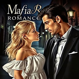 A captivating book cover depicting an innocent looking blonde girl and a dark haired man sharing an intense gaze, set against a backdrop of a mysterious urban landscape