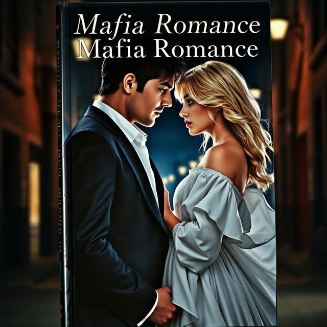 A captivating book cover depicting an innocent looking blonde girl and a dark haired man sharing an intense gaze, set against a backdrop of a mysterious urban landscape