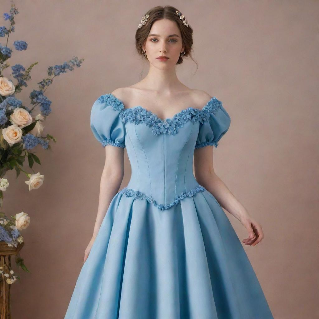 A full, flowy, blue corset dress with sleeves and flower decorations, worn by a pale-skinned girl. The dress radiates Bridgerton-inspired style, modernized and tailored for a wedding guest look.