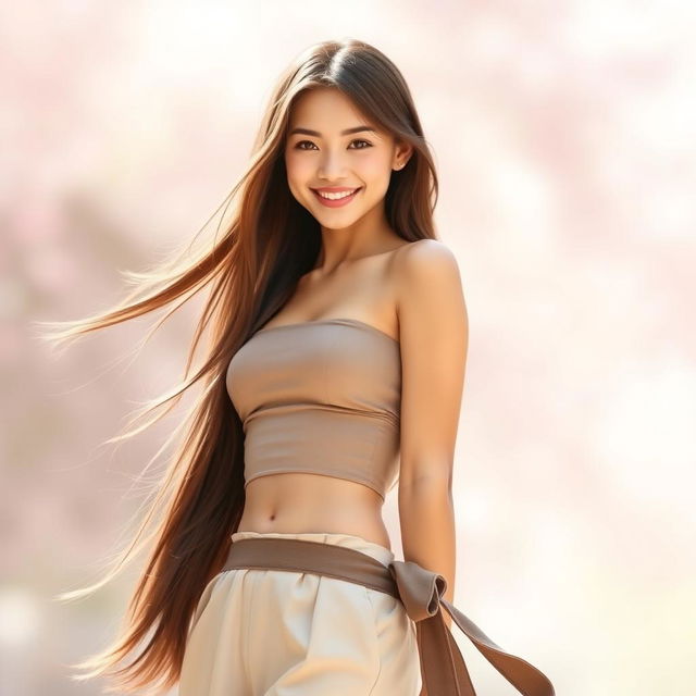 A beautiful young woman with a slender figure, standing confidently in an attractive outfit that highlights her elegance