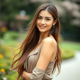 A beautiful young Russian woman with a slender figure, exuding confidence and charm