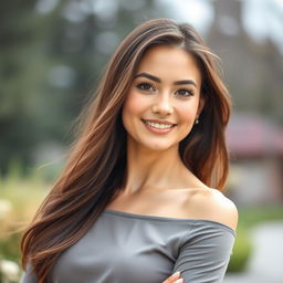 A beautiful young Russian woman with a slender figure, exuding confidence and charm