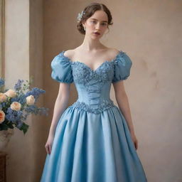 A full, flowy, blue corset dress with sleeves and flower decorations, worn by a pale-skinned girl. The dress radiates Bridgerton-inspired style, modernized and tailored for a wedding guest look.