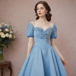 A full, flowy, blue corset dress with sleeves and flower decorations, worn by a pale-skinned girl. The dress radiates Bridgerton-inspired style, modernized and tailored for a wedding guest look.