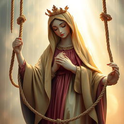 A captivating and artistic depiction of the Virgen, a serene and compassionate figure, elegantly surrounded by intricate ropes symbolizing emotional release and freedom