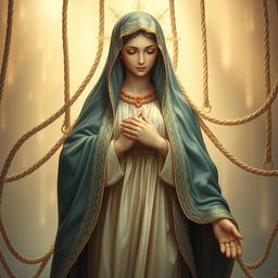 A captivating and artistic depiction of the Virgen, a serene and compassionate figure, elegantly surrounded by intricate ropes symbolizing emotional release and freedom
