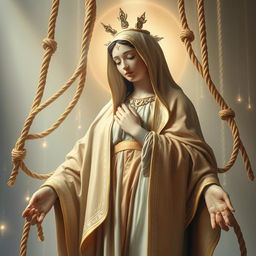 A captivating and artistic depiction of the Virgen, a serene and compassionate figure, elegantly surrounded by intricate ropes symbolizing emotional release and freedom